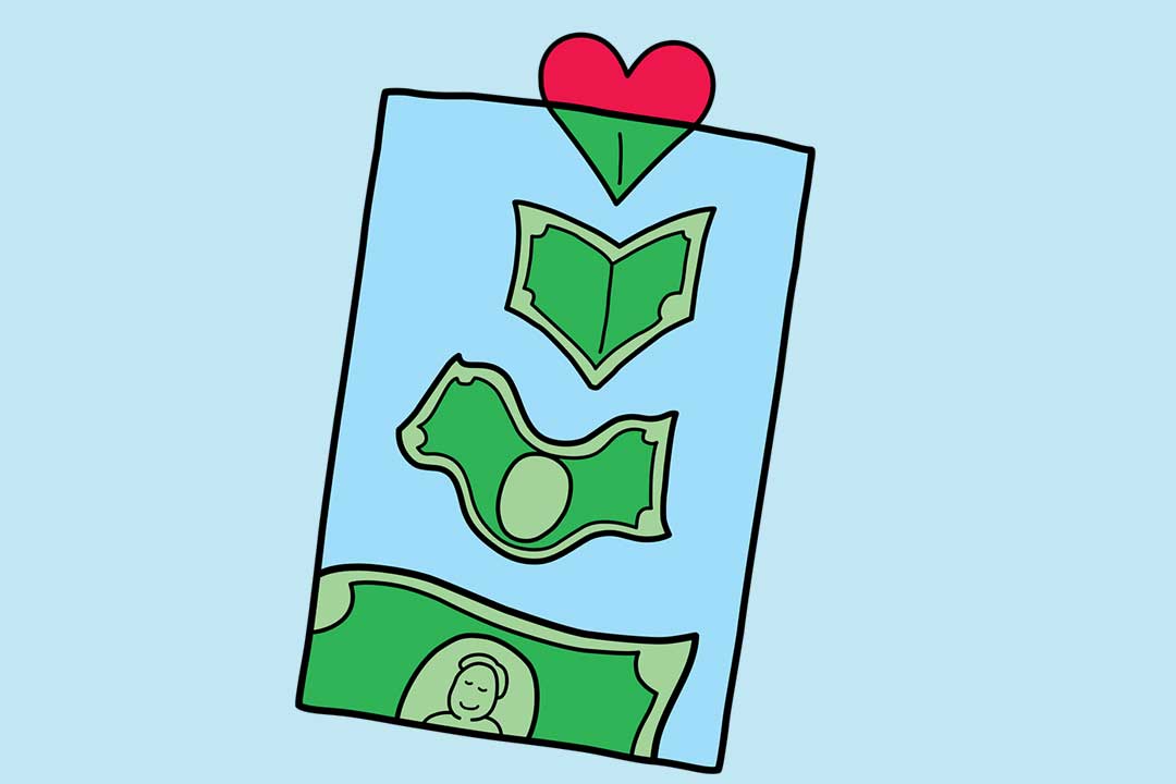 Dinheiro a entrar num saco e corações a transformarem‑se em notas de dólar