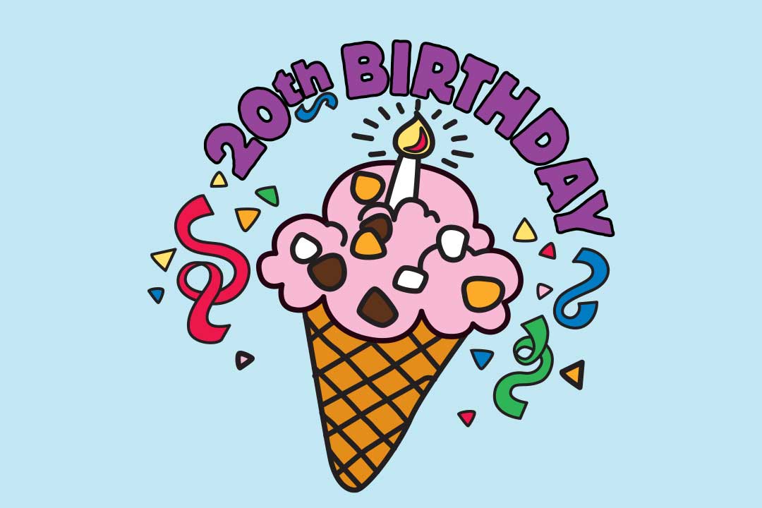 20.º aniversário com um cone de gelado